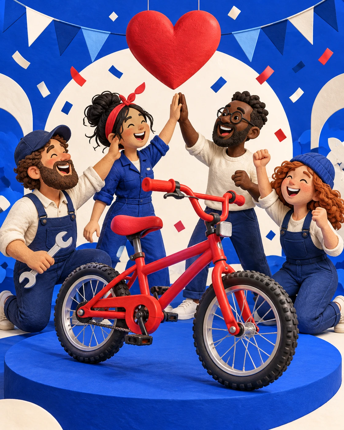 Joyful handcrafted-style illustration of four teammates high-fiving around a completed red bicycle beneath a giant heart
